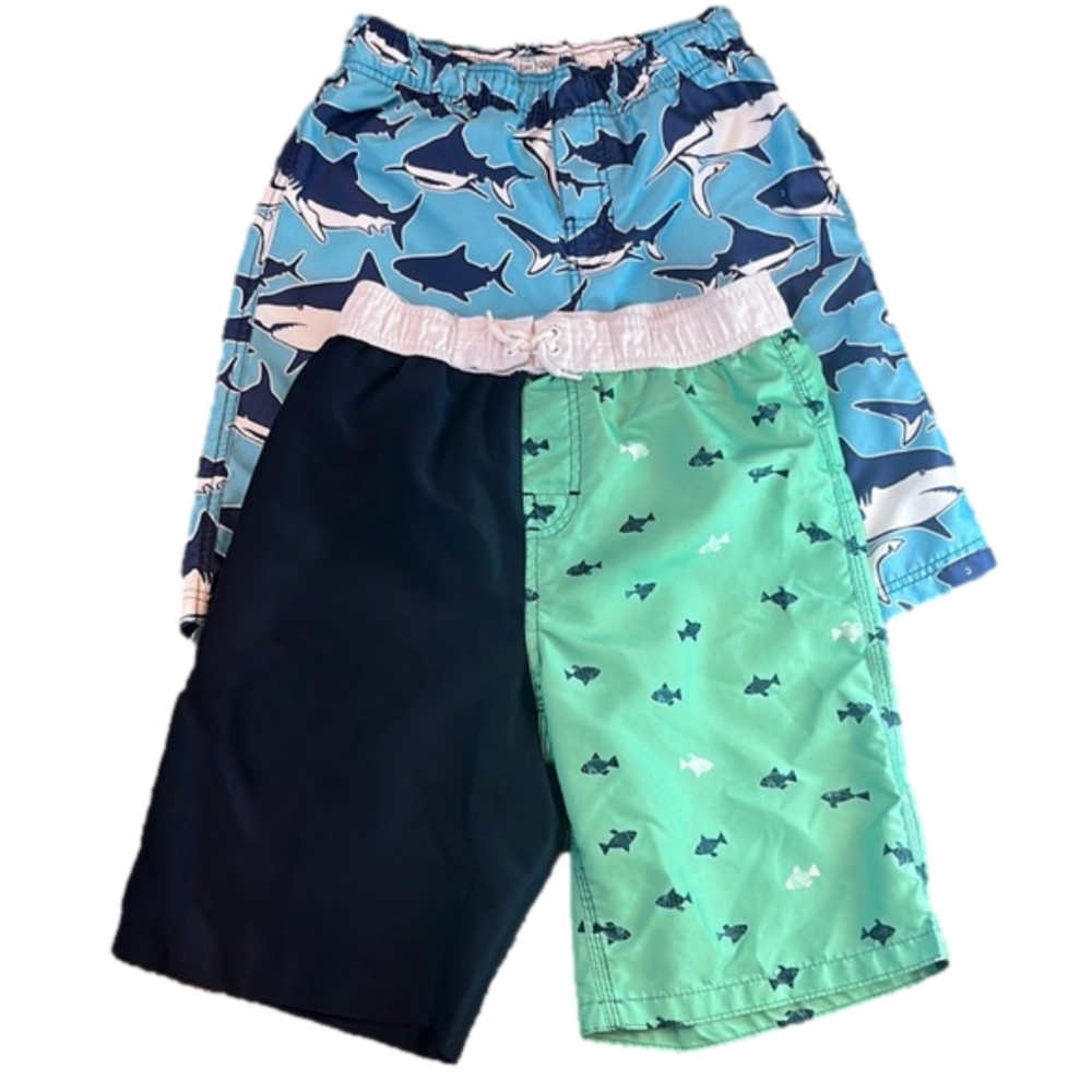 2/$20 Shark & Fish Print Boys Swim Trunks board shorts Size XL (14) green & blue